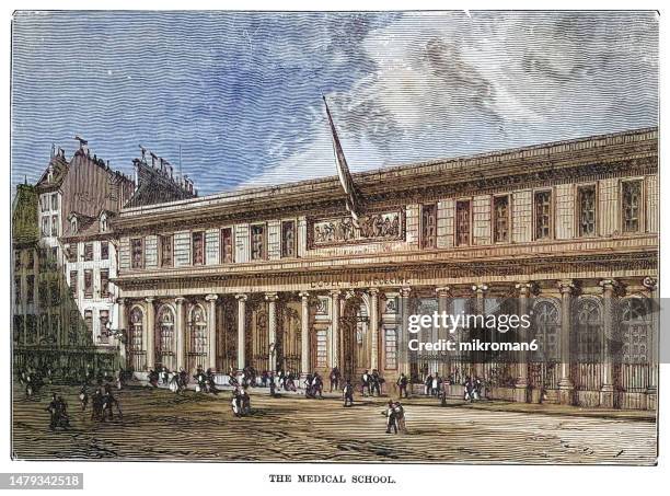 old engraved illustration of building paris cité university (université paris cité) a public research university located in paris, france - université stock pictures, royalty-free photos & images