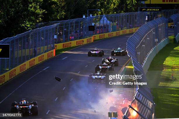 Rear view of the second restart showing Pierre Gasly of France driving the Alpine F1 A523 Renault and Esteban Ocon of France driving the Alpine F1...