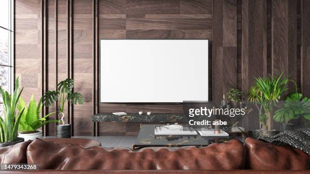 interior da sala de estar de luxo com aparelho de televisão de tela vazia - television set - fotografias e filmes do acervo