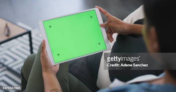 tablet mockup, green screen and woman in home of advertising space, network app or tracking. digital technology, mock up and female in house download multimedia, ebook or website platform coming soon - tablet horizontal stock pictures, royalty-free photos & images