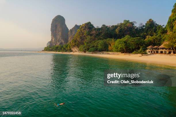 man swimming in the sea railey beach - phi phi islands stock pictures, royalty-free photos & images