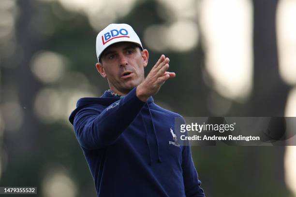 Billy Horschel of the United States walks down the first fairway during a practice round prior to the 2023 Masters Tournament at Augusta National...