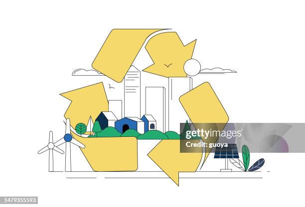 photovoltaik-module, windkraftanlagen, stadt, recycling-pfeilsymbole. illustration des umweltschutzkonzepts. - biological and identical stock-grafiken, -clipart, -cartoons und -symbole