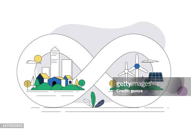 ilustraciones, imágenes clip art, dibujos animados e iconos de stock de ciudad y energía sostenible, figura ocho símbolo de reciclaje. ilustración del concepto de protección del medio ambiente. - economía circular