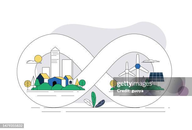 stockillustraties, clipart, cartoons en iconen met city and sustainable energy, figure eight recycle symbol. environmental protection concept illustration. - circulaire economie