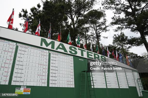 General view of a leaderboard prior to the 2023 Masters Tournament at Augusta National Golf Club on April 03, 2023 in Augusta, Georgia.