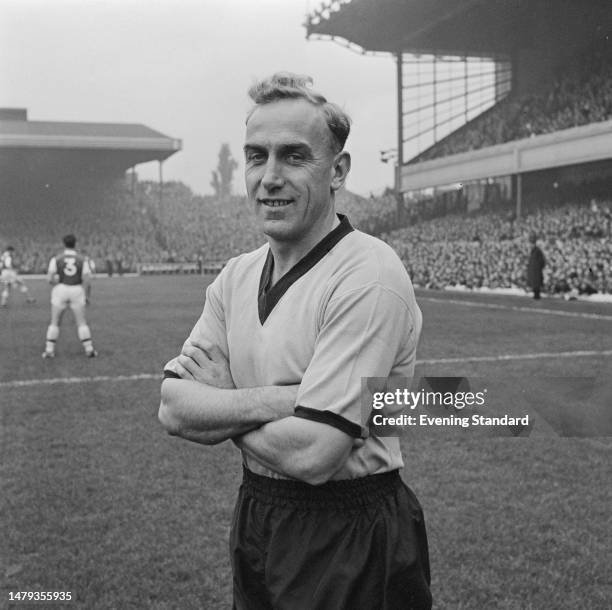 Wolverhampton Wanderers Football Club forward Billy Wright during a Division 1 match against Arsenal, October 18th, 1958. The score was a 1-1 draw.