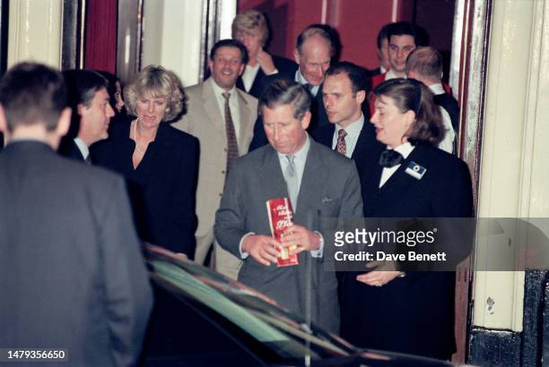 Prince Charles and Camilla Parker Bowles at the Lyric Theatre, Shaftesbury Avenue, for a performance of 'Animal Crackers', London, 28th April 1999.