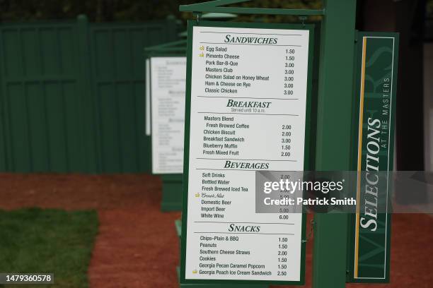 Detailed view of the menu at a concession stand on course during a practice round prior to the 2023 Masters Tournament at Augusta National Golf Club...