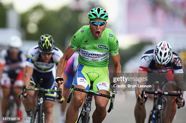 Peter Sagan of Slovakia and Liquigas-Cannondale celebrates as he crosses thefinish line to win stage six of the 2012 Tour de France from Epernay to...