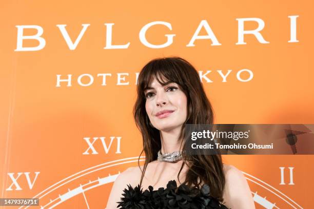 Actress Anne Hathaway attends a media call ahead of the Bvlgari Hotel Tokyo opening on April 03, 2023 in Tokyo, Japan.