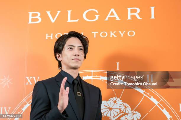 Actor Tomohisa Yamashita attends a media call ahead of the Bvlgari Hotel Tokyo opening on April 03, 2023 in Tokyo, Japan.