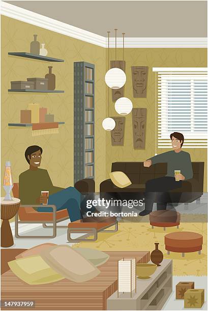 two men sitting on couches in interior decorated house - lava lamp stock illustrations