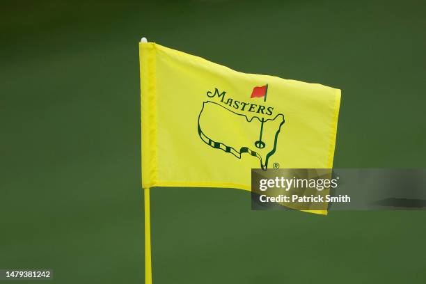 Detail view of a pin flag during a practice round prior to the 2023 Masters Tournament at Augusta National Golf Club on April 03, 2023 in Augusta,...