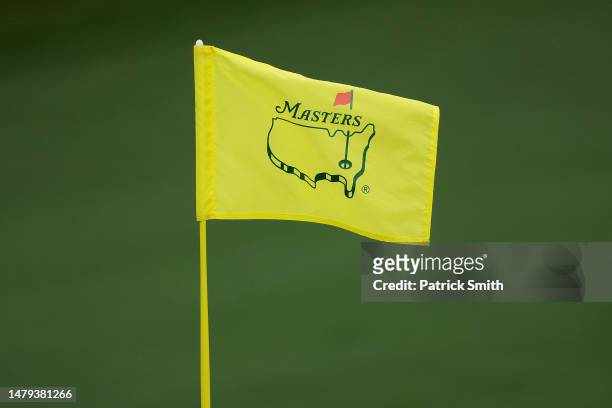 Detail view of a pin flag during a practice round prior to the 2023 Masters Tournament at Augusta National Golf Club on April 03, 2023 in Augusta,...