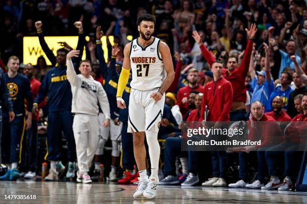 Jamal Murray of the Denver Nuggets reacts after a play against the Golden State Warriors in the second half of a game at Ball Arena on April 2, 2023...