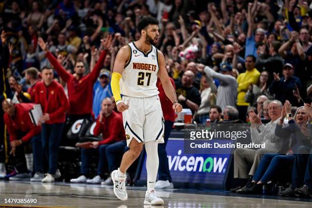 Jamal Murray of the Denver Nuggets reacts after a play against the Golden State Warriors in the second half of a game at Ball Arena on April 2, 2023...