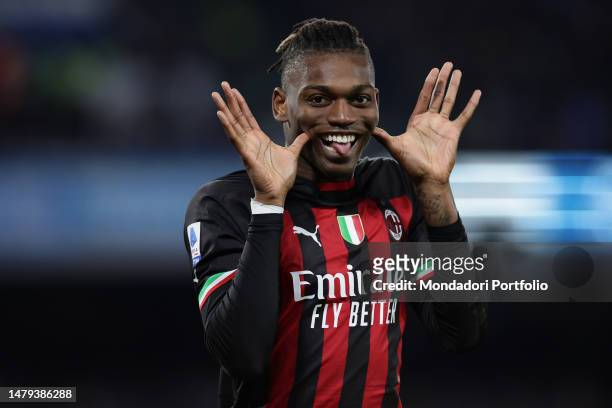 Rafael Leao of AC Milan celebrates after scoring the goal of 0-1 during the Serie A football match between SSC Napoli and AC Milan at Diego Armando...