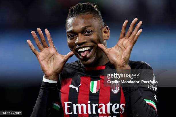 Rafael Leao of AC Milan celebrates after scoring the goal of 0-1 during the Serie A football match between SSC Napoli and AC Milan at Diego Armando...