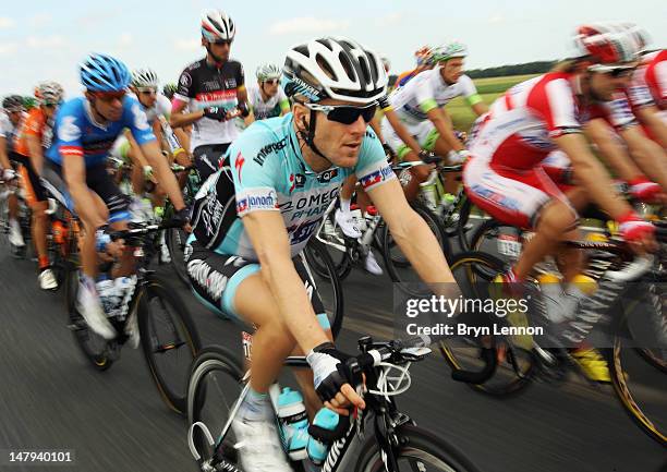 Levi Leipheimer of the USA and Omega Pharma Quickstep rides in the peloton during stage five of the 2012 Tour de France from Rouen to Saint-Quentin...