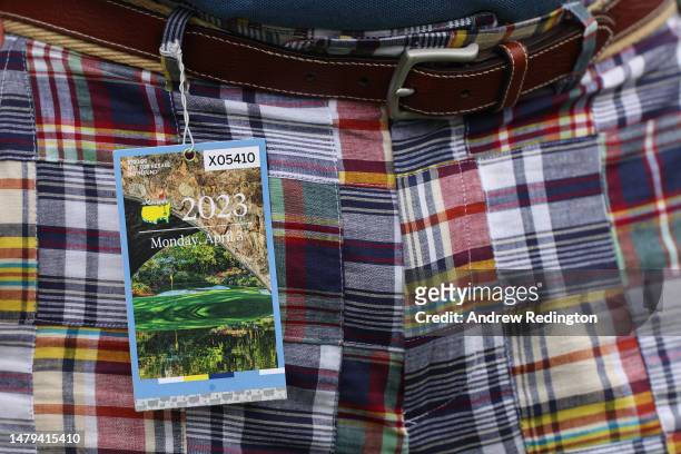 Detail of a patron's ticket during a practice round prior to the 2023 Masters Tournament at Augusta National Golf Club on April 03, 2023 in Augusta,...