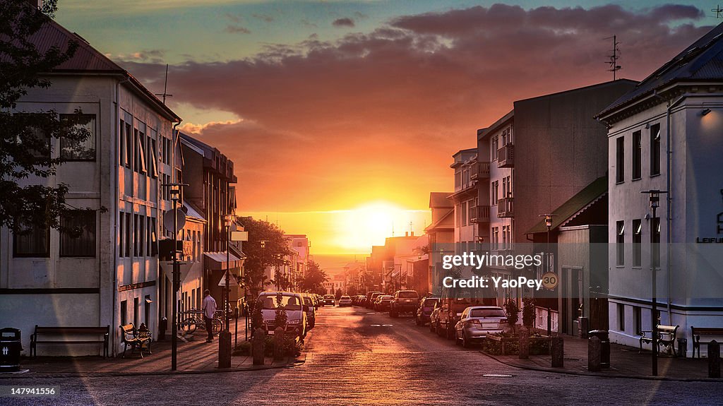 Downtown reykjavik at sunset, Iceland