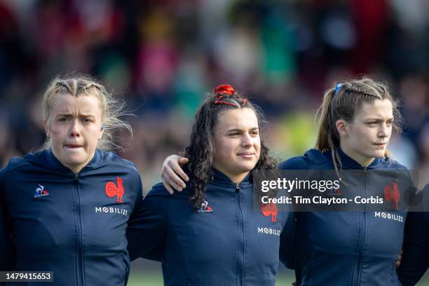 Coco Lindelauf of France, Elisa Riffonneau of France, and Mourgane Bourgeois of France during team presentations before the Ireland V France, Women's...