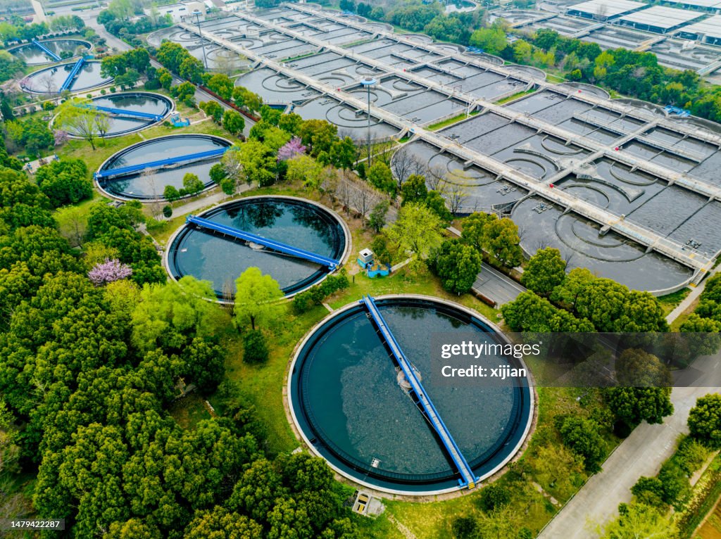 Aerial view of sewage treatment plant