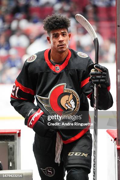 Toronto Maple Mathiue Mathieu Joseph of the Ottawa Senators leaves the ice after warmup ...