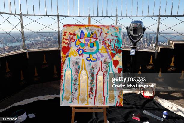 View of a one of a kind painting by child art prodigy Mikail Akar at the Empire State Building on April 03, 2023 in New York City.