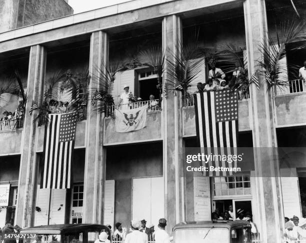 First Lady Eleanor Roosevelt pictured on the balcony of the District Court of the Virgin Islands in St Thomas on March 13th, 1934. After being...