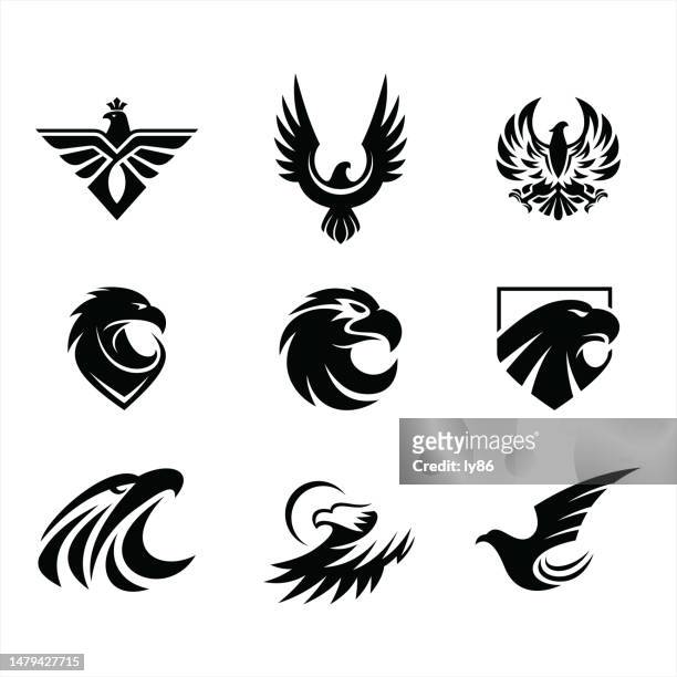 ilustraciones, imágenes clip art, dibujos animados e iconos de stock de eagle icons, conjunto de 9 águilas - aguila