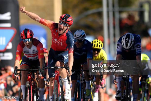 Ethan Hayter of United Kingdom and Team INEOS Grenadiers celebrates at finish line as stage winner ahead of Jon Aberasturi of Spain and Team...