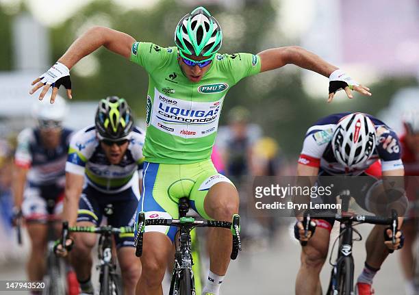 Peter Sagan of Slovakia and Liquigas-Cannondale celebrates as he crosses the finish line to win stage six of the 2012 Tour de France from Epernay to...