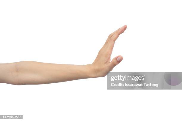 woman hand touching screen,vr hand isolated on white background - pushing stockfoto's en -beelden