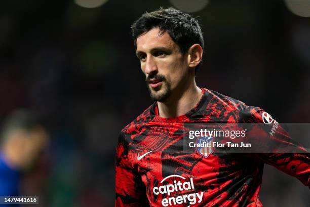 Stefan Savic of Atletico de Madrid, looks on prior the LaLiga Santander match between Atletico de Madrid and Real Betis at Civitas Metropolitano...