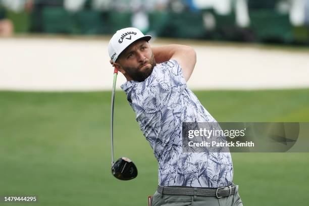 Jon Rahm of Spain plays his shot from the third tee during a practice round prior to the 2023 Masters Tournament at Augusta National Golf Club on...