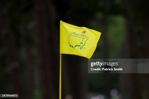 Detail view of a pin flag during a practice round prior to the 2023 Masters Tournament at Augusta National Golf Club on April 03, 2023 in Augusta,...