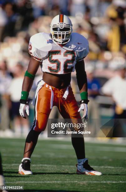 Ray Lewis, Linebacker for the University of Miami Hurricanes looks on during the NCAA Pac-10 college football game against the University of...