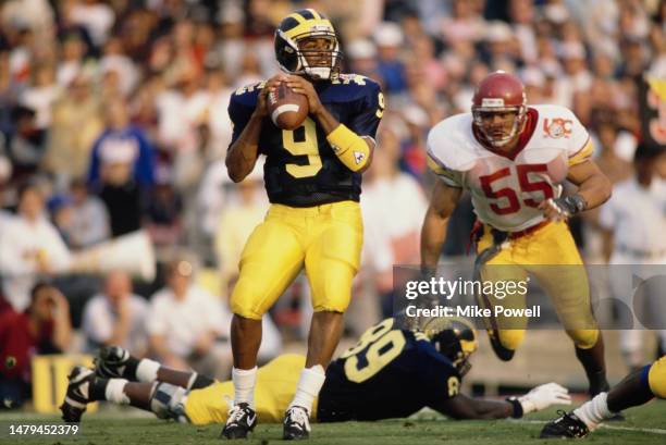 Michael Taylor, Quarterback for the University of Michigan Wolverines calls the play on the line of scrimmage during the NCAA 76th Rose Bowl college...