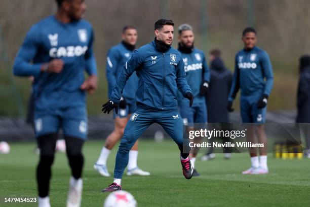 Alex Moreno of Aston Villa in action during a training session at Bodymoor Heath training ground on April 03, 2023 in Birmingham, England.