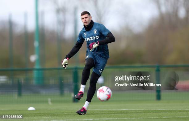 Emi Martinez of Aston Villa in action during a training session at Bodymoor Heath training ground on April 03, 2023 in Birmingham, England.