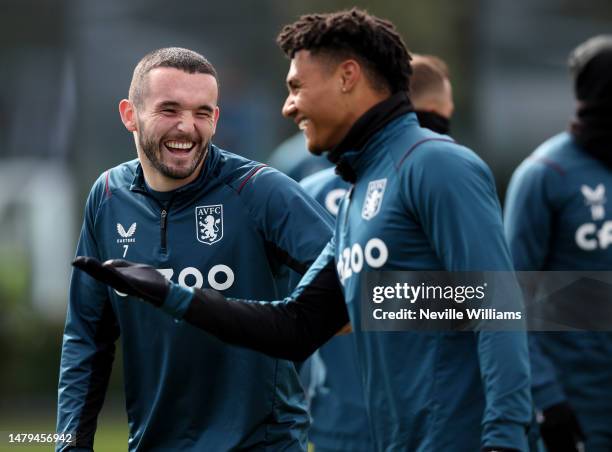 John McGinn of Aston Villa in action during a training session at Bodymoor Heath training ground on April 03, 2023 in Birmingham, England.