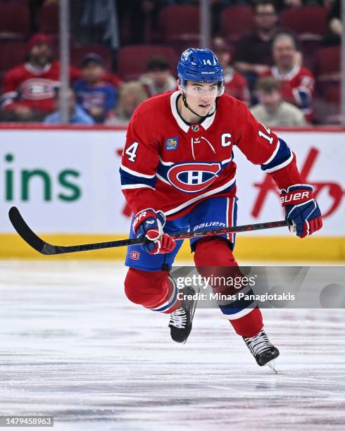 Nick Suzuki of the Montreal Canadiens skates during the second period against the Carolina Hurricanes at Centre Bell on April 1, 2023 in Montreal,...