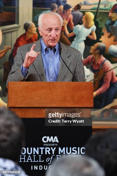 Songwriter Bob McDill speaks during a press conference announcing him as a 2023 inductee into the Country Music Hall of Fame at Country Music Hall of...
