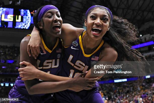 Angel Reese and Flau'jae Johnson of the LSU Lady Tigers react after the 79-72 victory over the Virginia Tech Hokies during the 2023 NCAA Women's...
