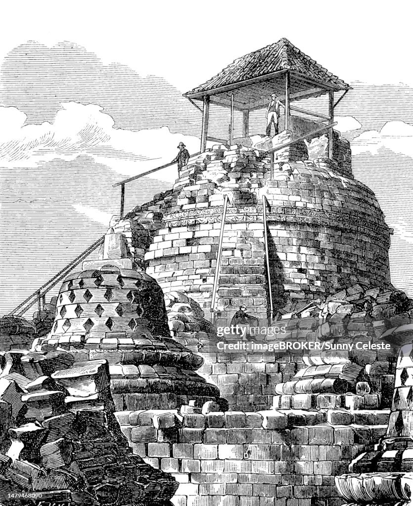 The top of Borobudur or Barabudur, a 9th century Mahayana Buddhist temple in Magelang, Central Java, Indonesia, Historic, digitally restored reproduction of a 19th century original, exact original date unknown