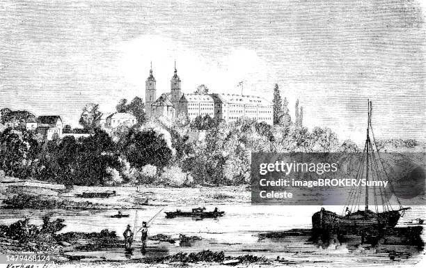 triefenstein monastery is a former monastery of the augustinian canons regular in triefenstein in the bavarian district of lower franconia, bavaria, germany, river main, historic, digitally restored reproduction of a 19th century original, exact original - regular stock illustrations