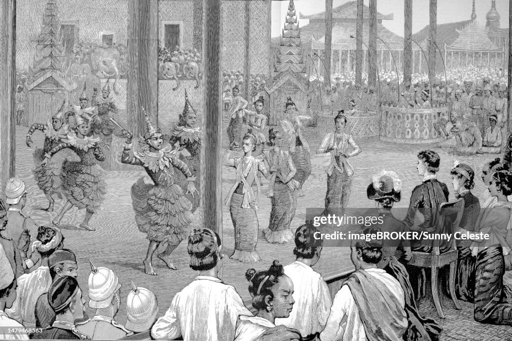 Historical image of the Government Palace of Mandalay, Burma, Myanmar, with a pantomime show for the visitors, Historical, digitally restored reproduction of an original 19th century artwork, exact original date unknown