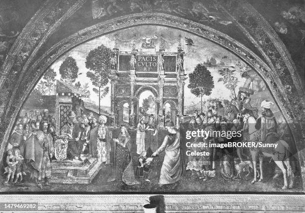 historical depiction of the disputation of st catherine of alexandria, also known as st catherine of the wheel and the great martyr catherine, in front of the western roman buffy-tufted marmoset (petronius) maximus, painting in the house of borgia, rome - st catherine of alexandria stock illustrations